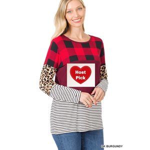 Buffalo Plaid Leopard Striped Top - Red and Black Long Sleeves Top